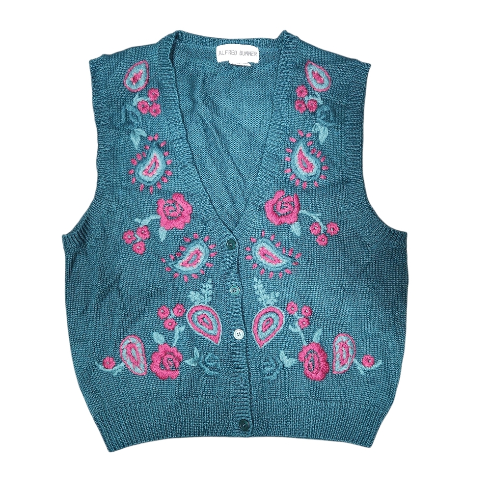 Vintage‎ 90s Alfred Dunner Wool Floral Embroidered Sweater Vest Cottage Granny L